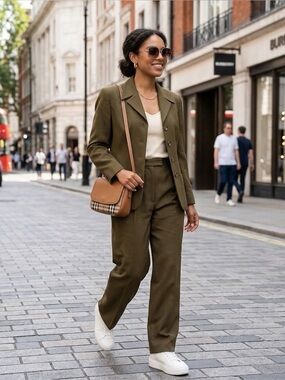 Burberrys Vintage Olive Green Wool Blend Pant Suit 6-10